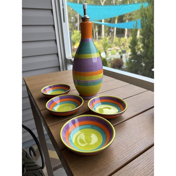 Century Olive Oil Bottle With 4 Dipping Bowls Striped - Picture 1 of 7